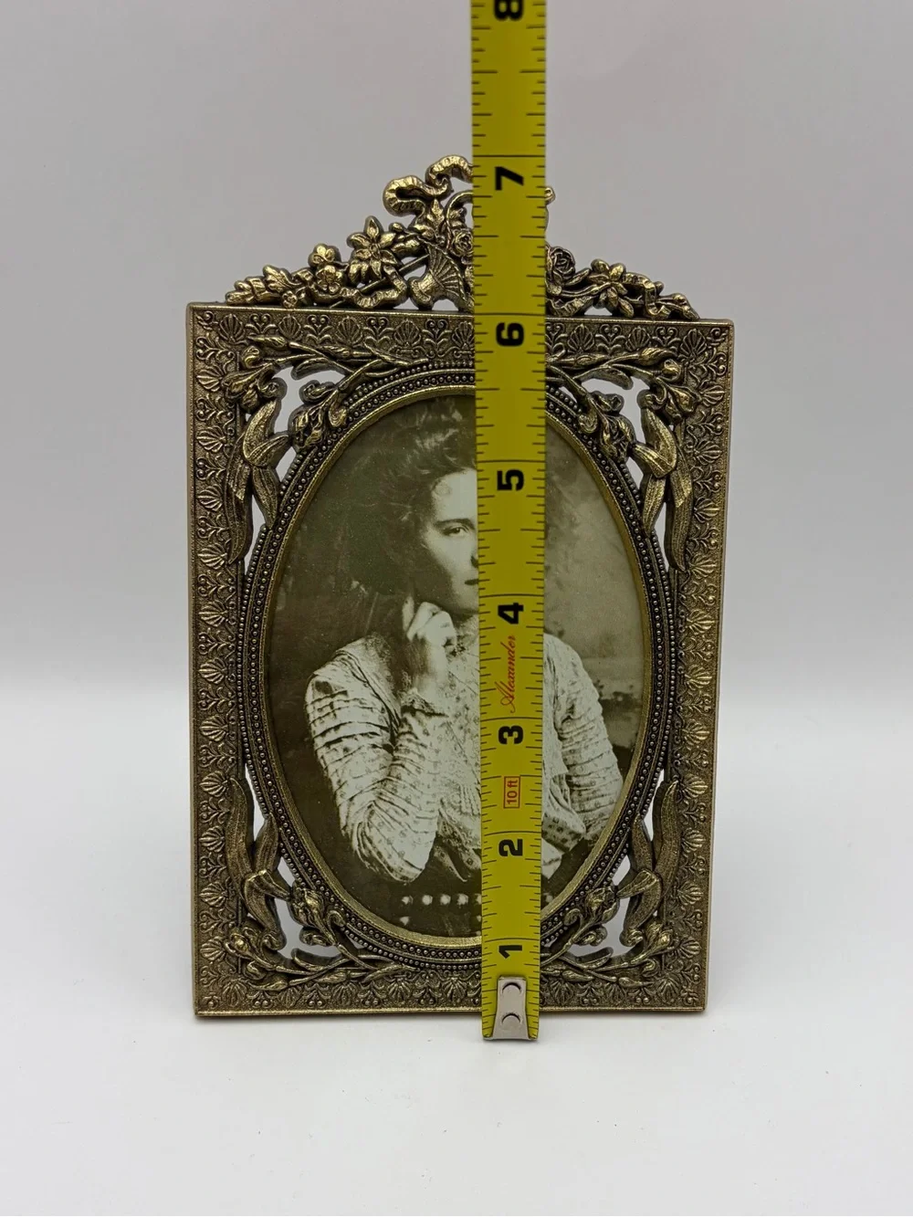 Victorian Style Antique Brass Metal Photo Frame Ornate Flower & Ribbon Design